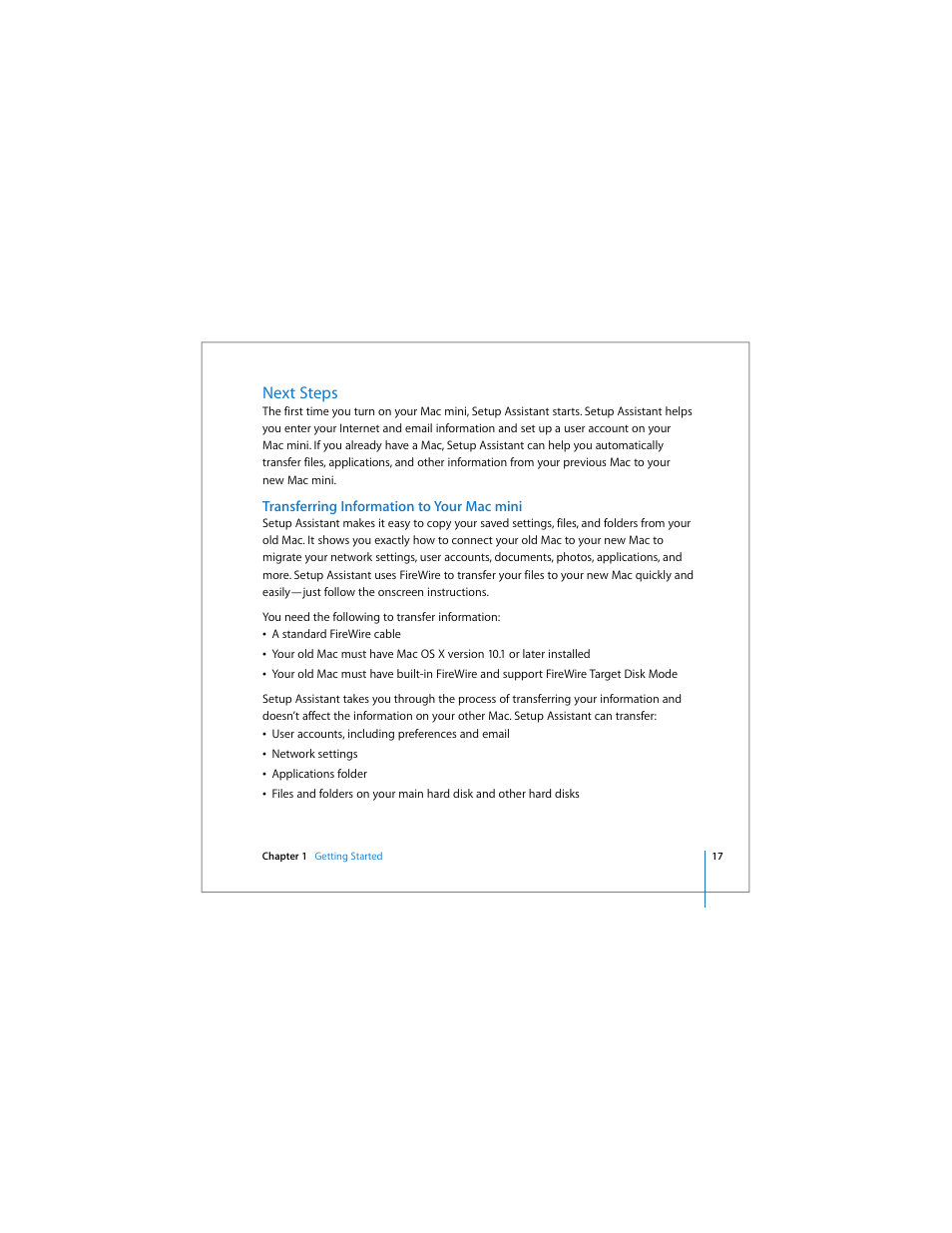 Next steps, Transferring information to your mac mini | Apple Mac mini User Manual | Page 17 / 96