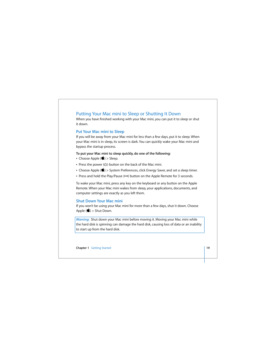 Putting your mac mini to sleep or shutting it down, Put your mac mini to sleep, Shut down your mac mini | Apple Mac mini User Manual | Page 19 / 96