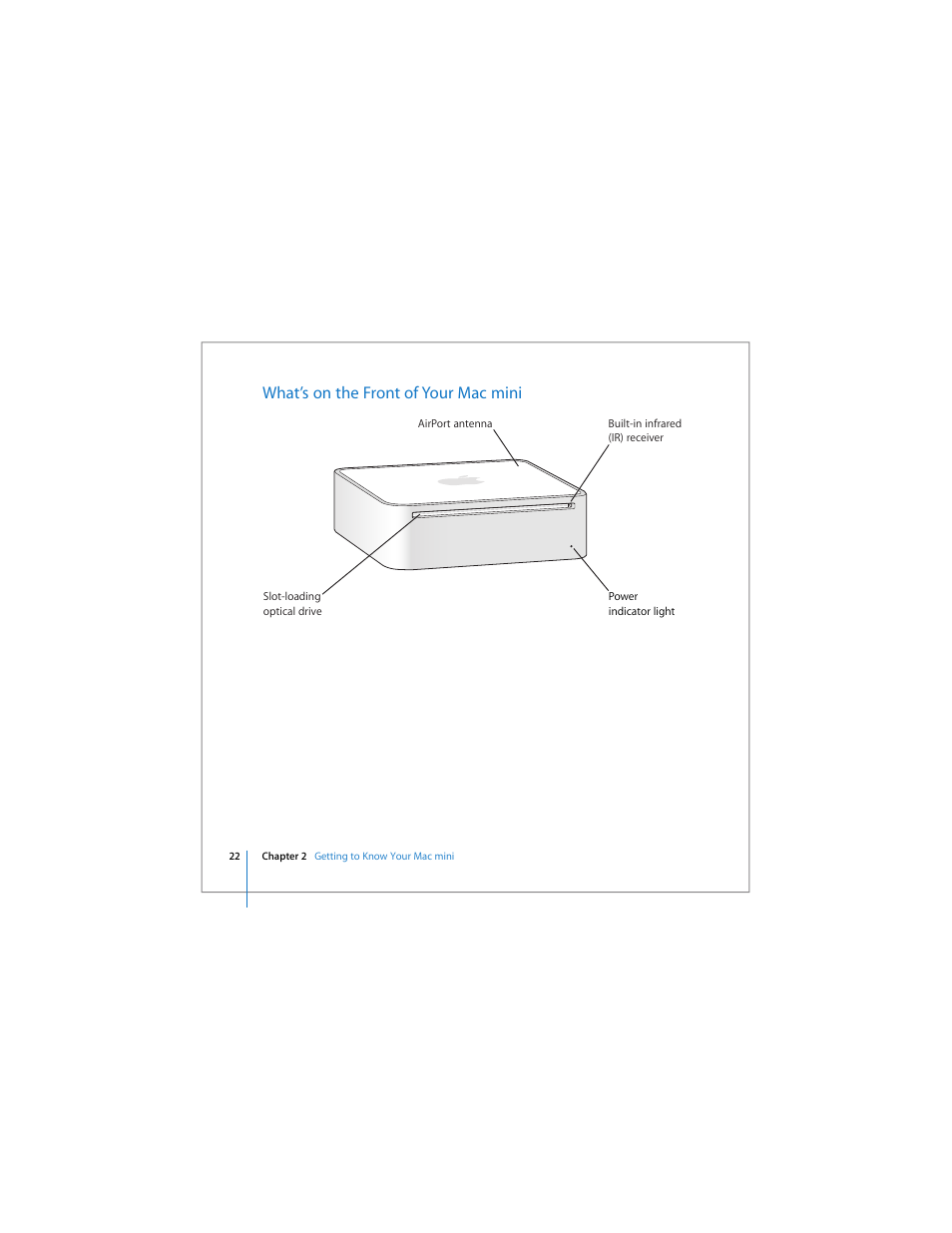 What’s on the front of your mac mini | Apple Mac mini User Manual | Page 22 / 96