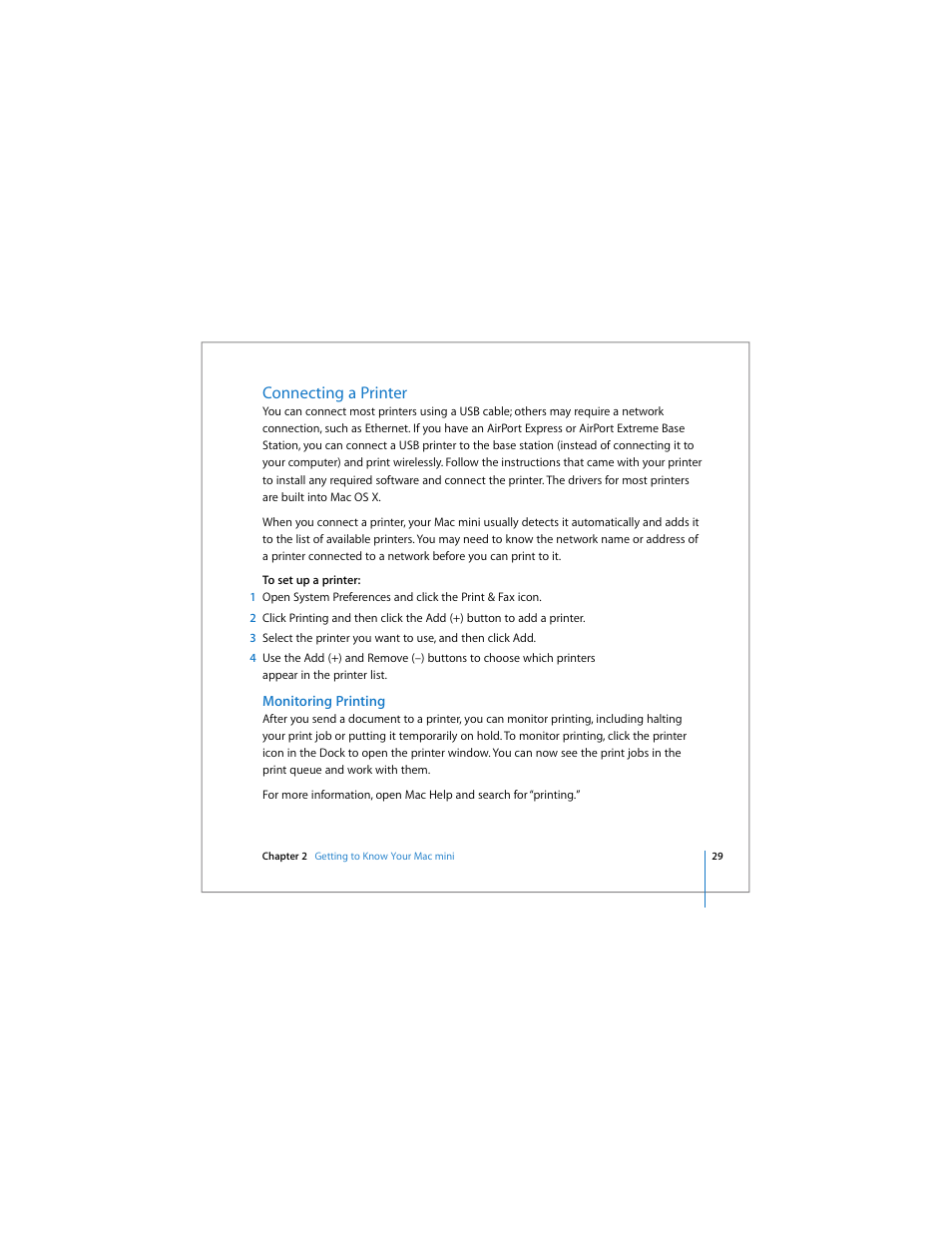 Connecting a printer, Monitoring printing | Apple Mac mini User Manual | Page 29 / 96