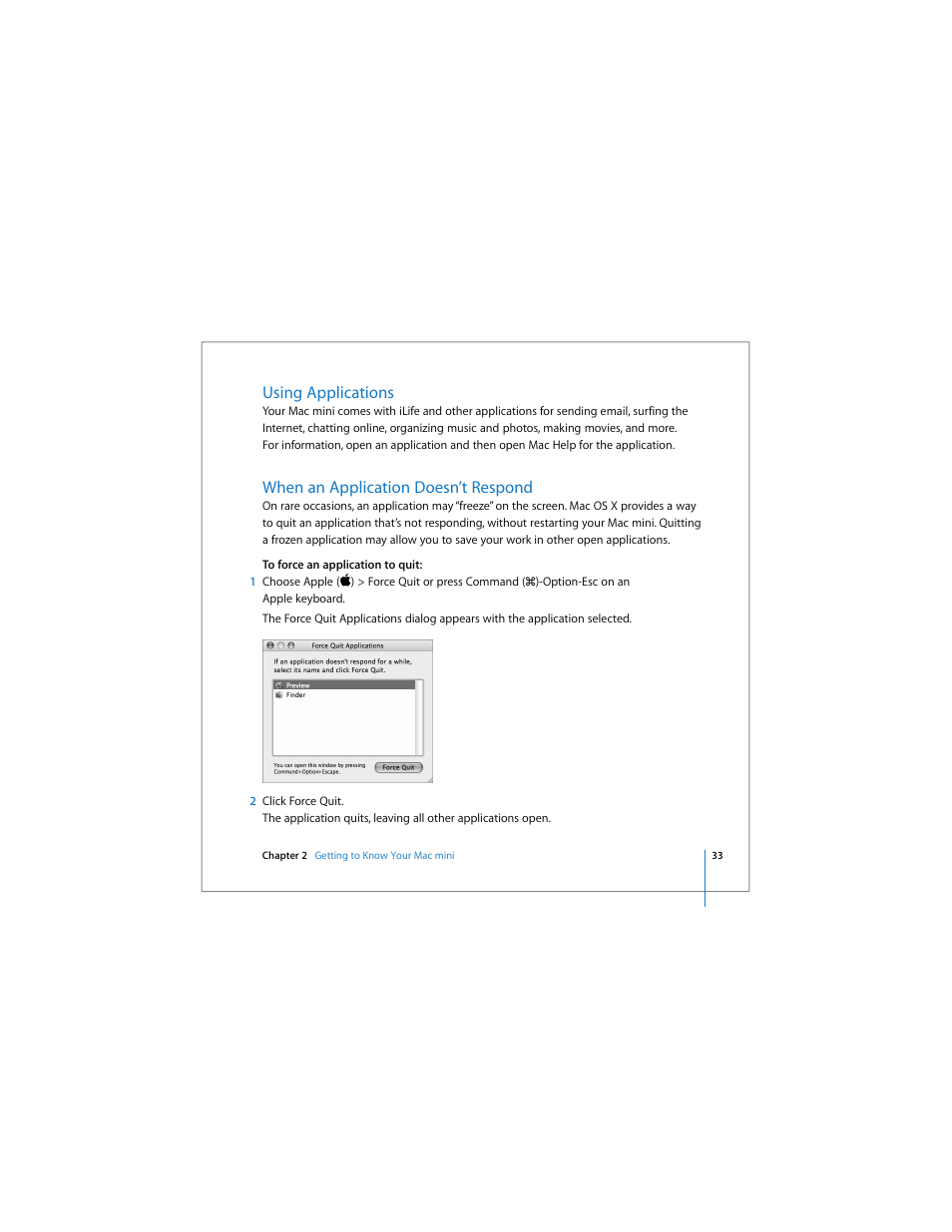 Using applications, When an application doesn’t respond | Apple Mac mini User Manual | Page 33 / 96