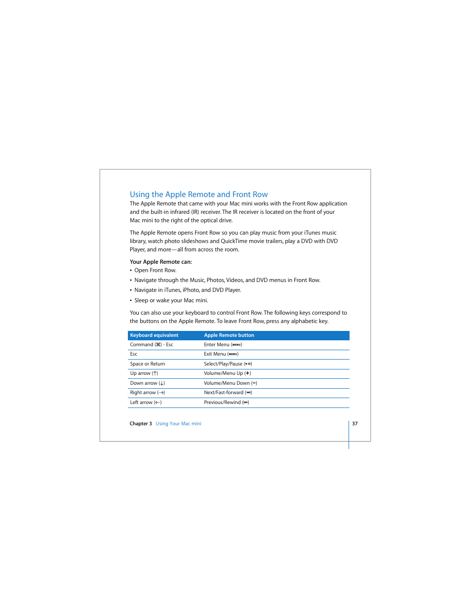 Using the apple remote and front row | Apple Mac mini User Manual | Page 37 / 96