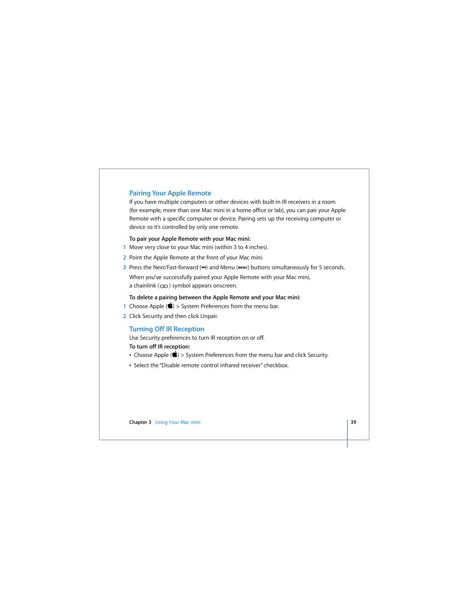 Pairing your apple remote, Turning off ir reception | Apple Mac mini User Manual | Page 39 / 96