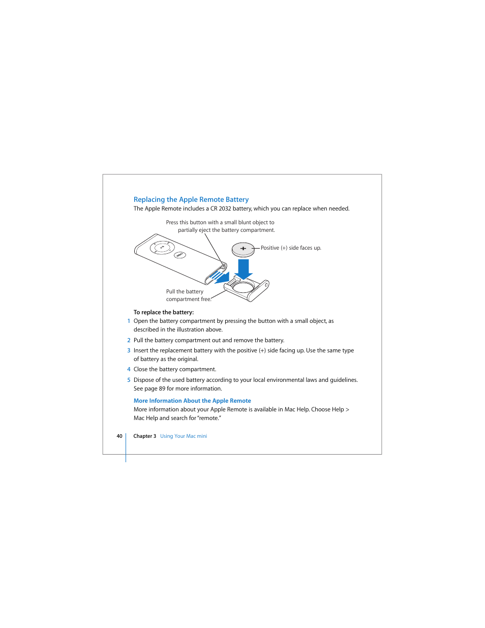 Replacing the apple remote battery | Apple Mac mini User Manual | Page 40 / 96