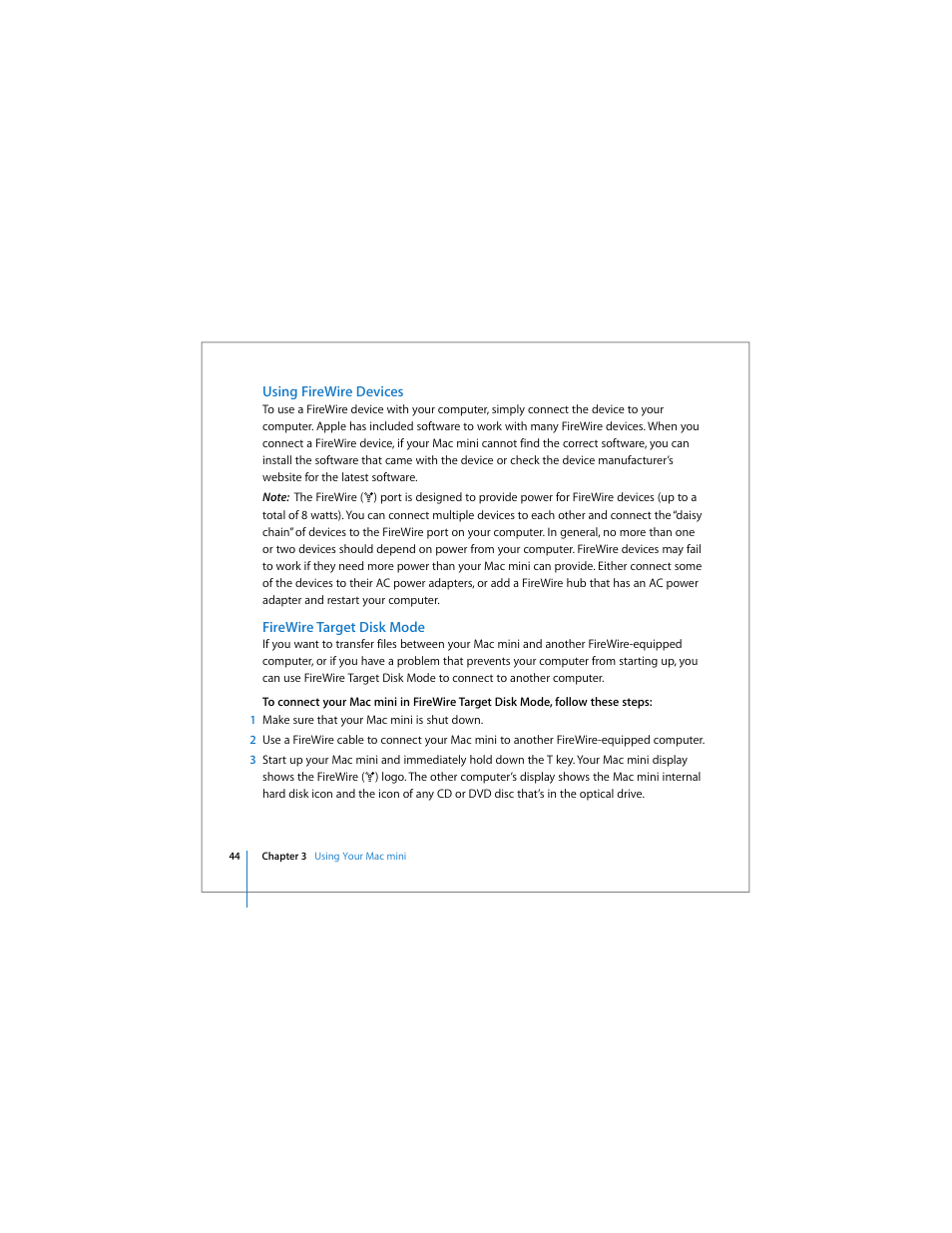 Using firewire devices, Firewire target disk mode | Apple Mac mini User Manual | Page 44 / 96