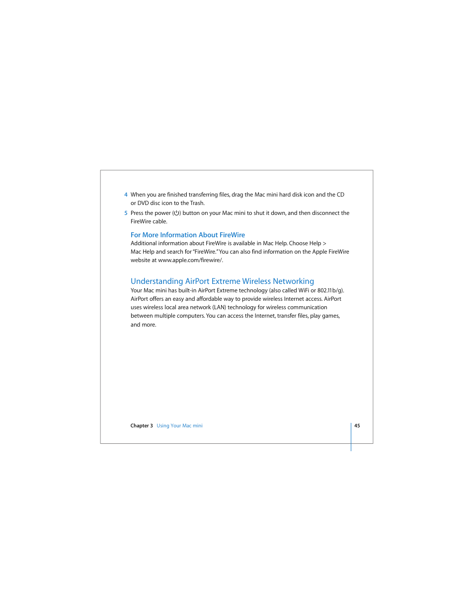 For more information about firewire, Understanding airport extreme wireless networking | Apple Mac mini User Manual | Page 45 / 96