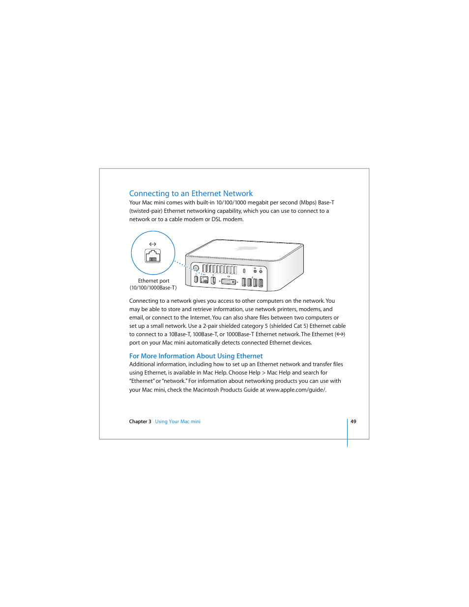 Connecting to an ethernet network, For more information about using ethernet | Apple Mac mini User Manual | Page 49 / 96