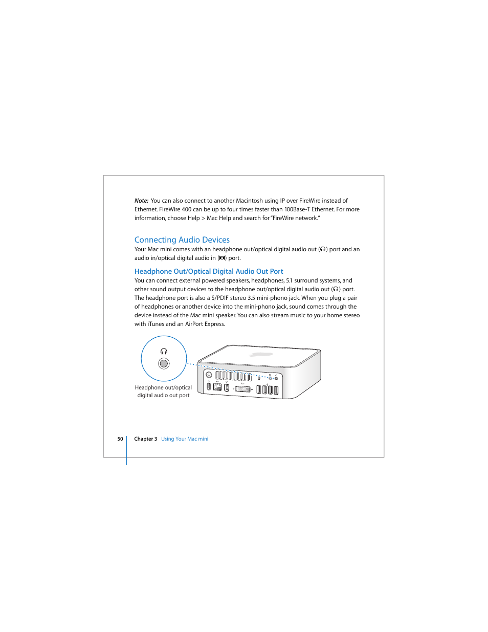 Connecting audio devices, Headphone out/optical digital audio out port | Apple Mac mini User Manual | Page 50 / 96