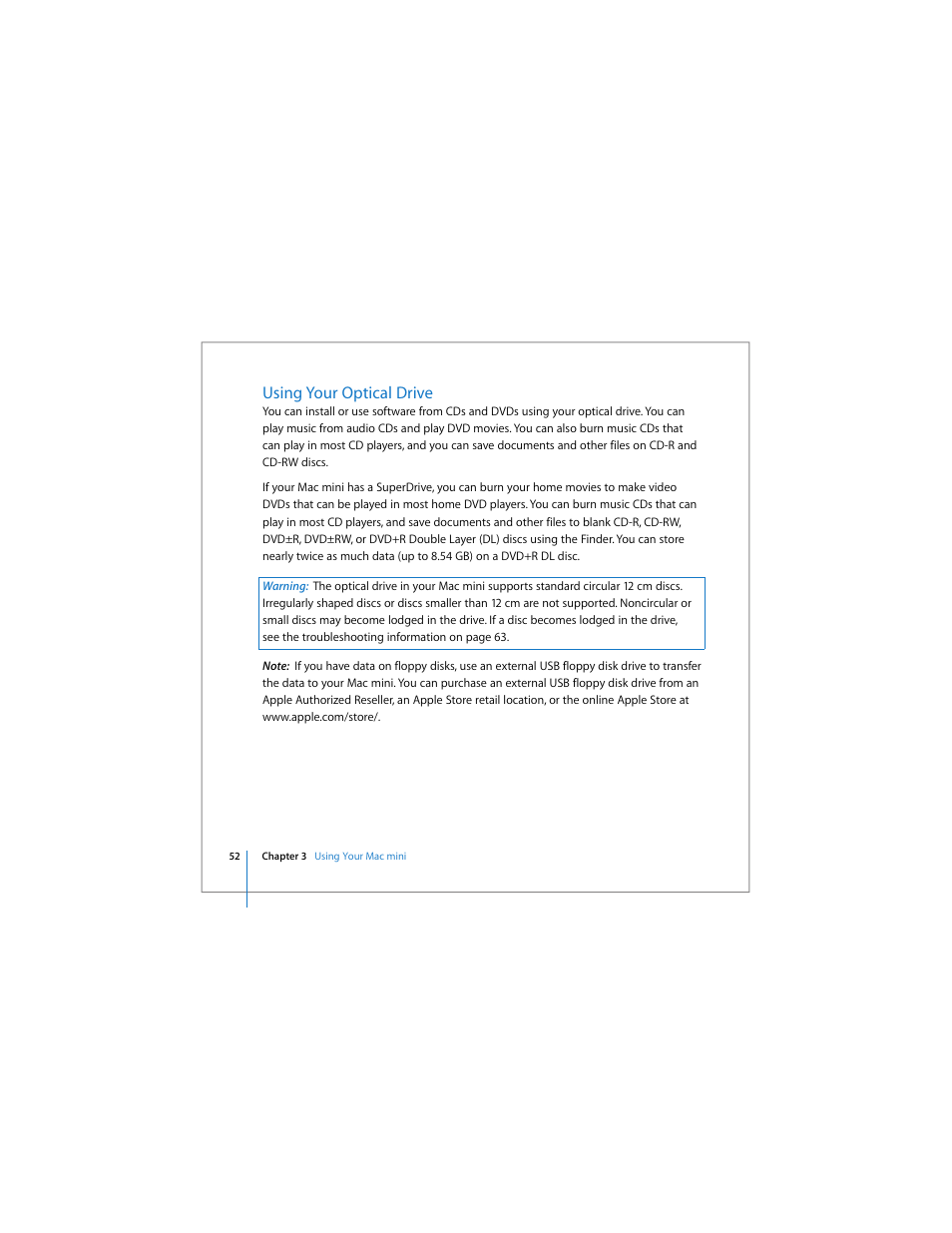 Using your optical drive | Apple Mac mini User Manual | Page 52 / 96