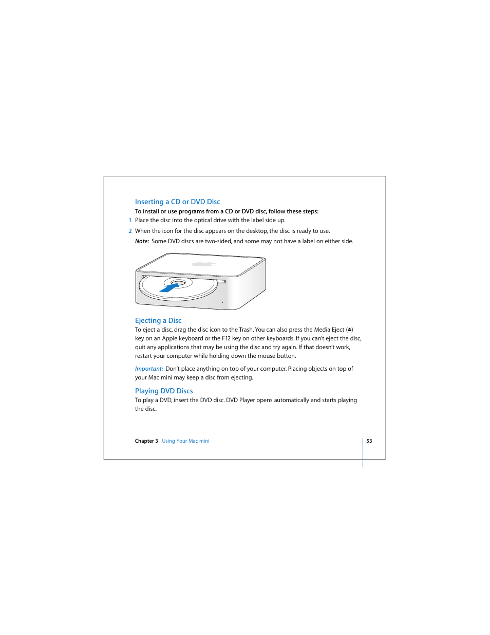 Inserting a cd or dvd disc, Ejecting a disc, Playing dvd discs | Apple Mac mini User Manual | Page 53 / 96