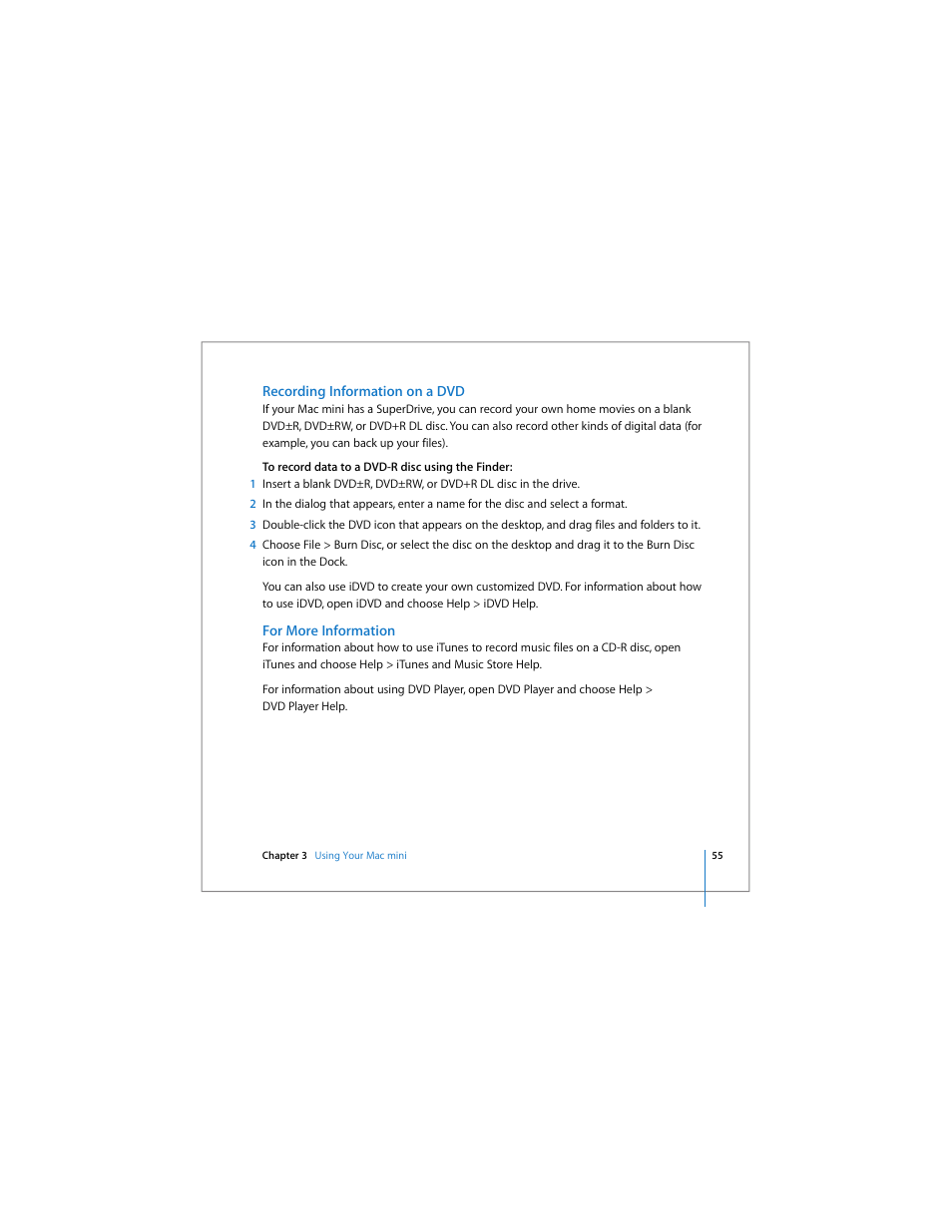 Recording information on a dvd, For more information | Apple Mac mini User Manual | Page 55 / 96