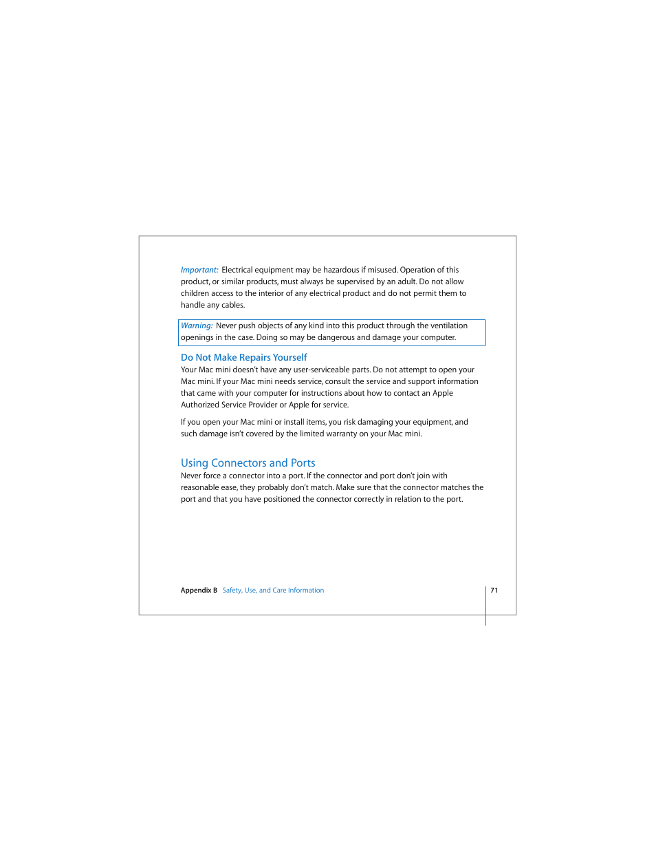 Do not make repairs yourself, Using connectors and ports | Apple Mac mini User Manual | Page 71 / 96