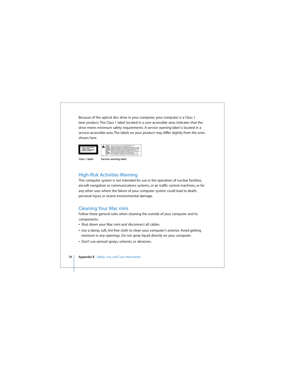 High-risk activities warning, Cleaning your mac mini | Apple Mac mini User Manual | Page 74 / 96