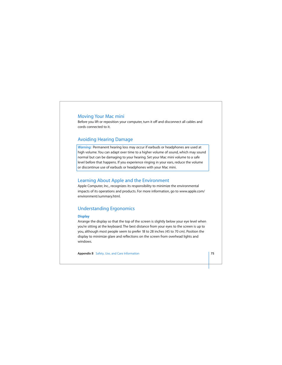 Moving your mac mini, Avoiding hearing damage, Learning about apple and the environment | Understanding ergonomics | Apple Mac mini User Manual | Page 75 / 96