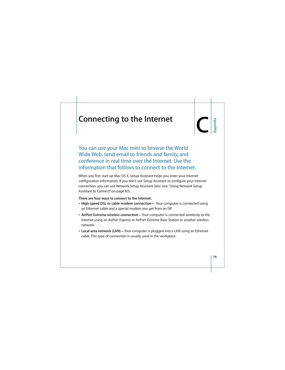 Connecting to the internet, Ormation in appendix c, “connecting to | Apple Mac mini User Manual | Page 79 / 96