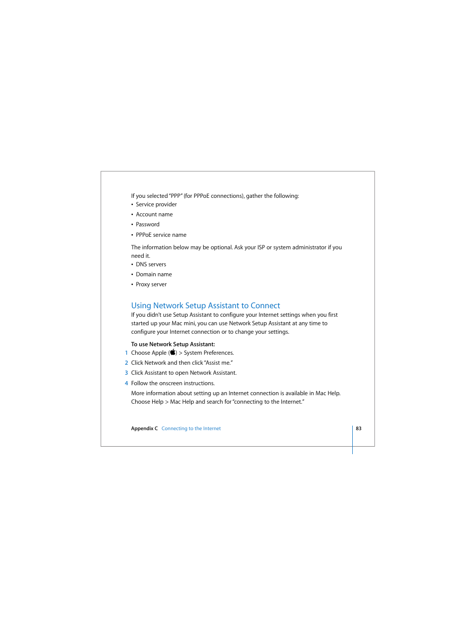 Using network setup assistant to connect | Apple Mac mini User Manual | Page 83 / 96