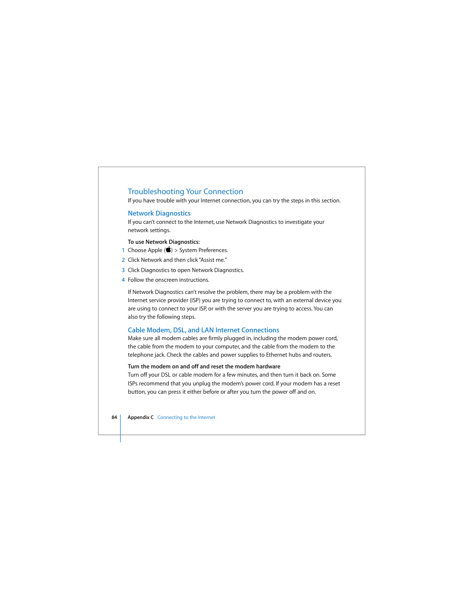 Troubleshooting your connection, Network diagnostics, Cable modem, dsl, and lan internet connections | Apple Mac mini User Manual | Page 84 / 96