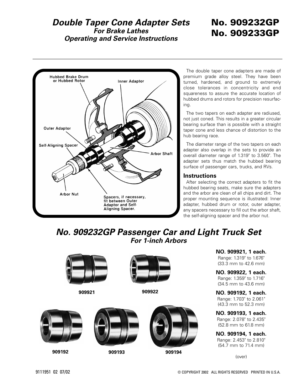 AMMCO 9233GP Double Taper Cone Adapter Sets User Manual | 2 pages