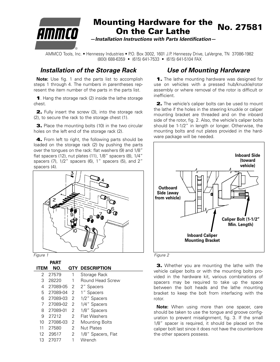 AMMCO 927581 Mounting Hardware for the On the Car Lathe User Manual | 4 pages