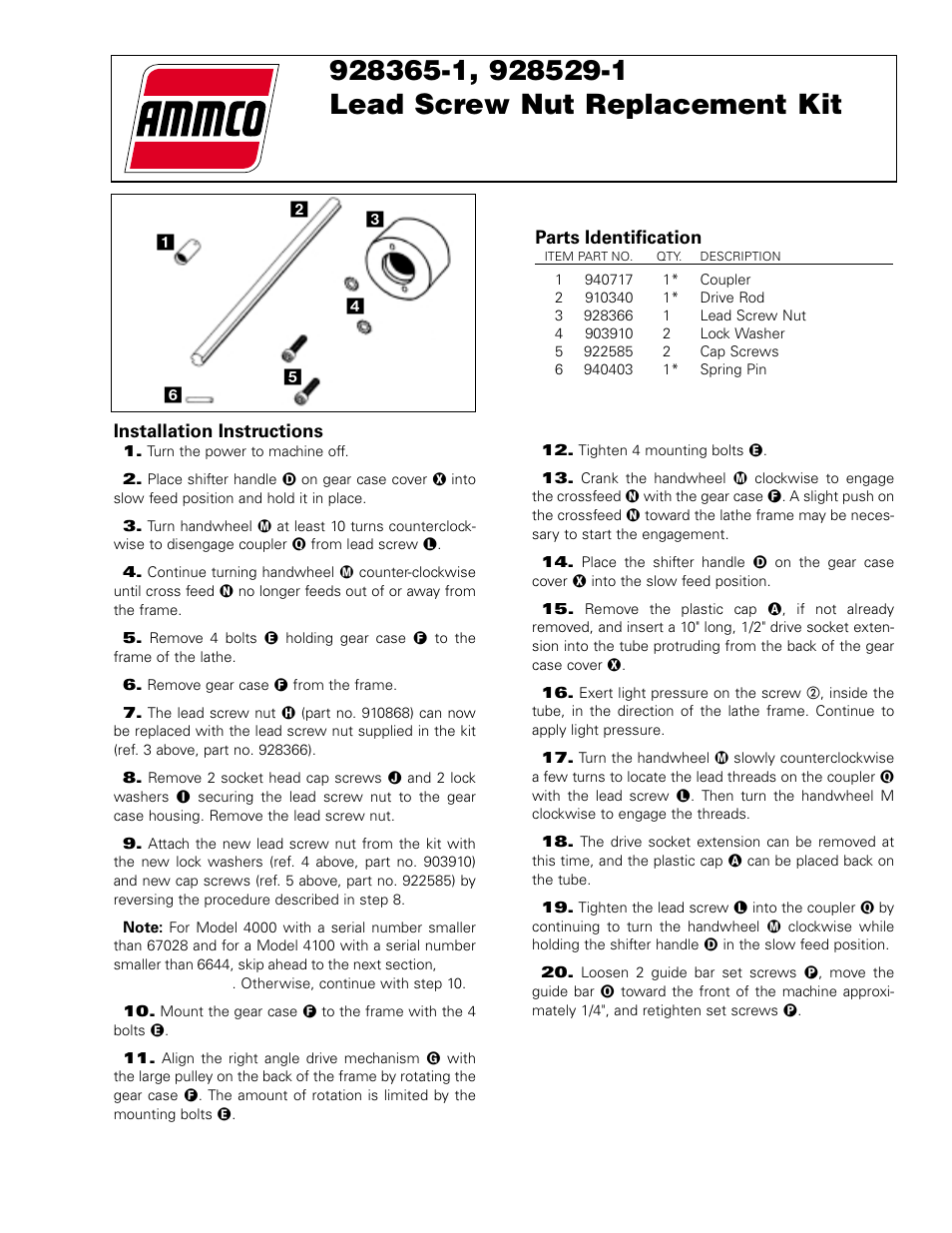 AMMCO 9285291 Lead Screw Nut Replacement Kit User Manual | 2 pages