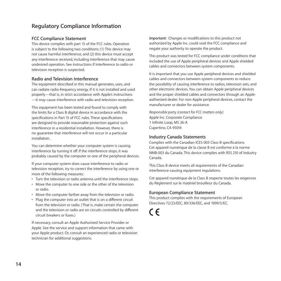 Regulatory compliance information | Apple Composite AV Cable User Manual | Page 14 / 16