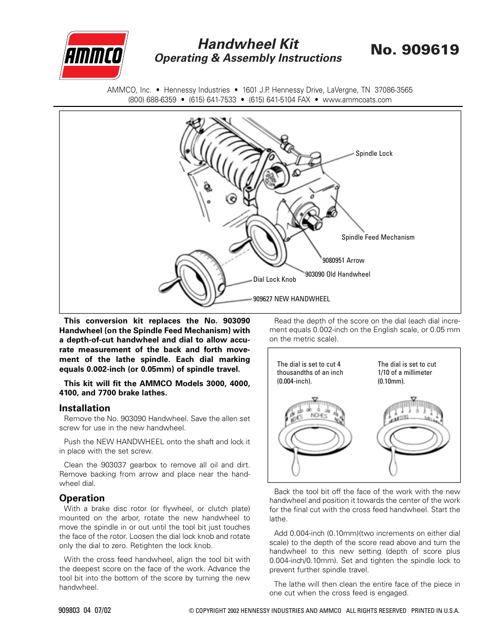 AMMCO Handwheel Kit Operating and Assembly User Manual | 1 page