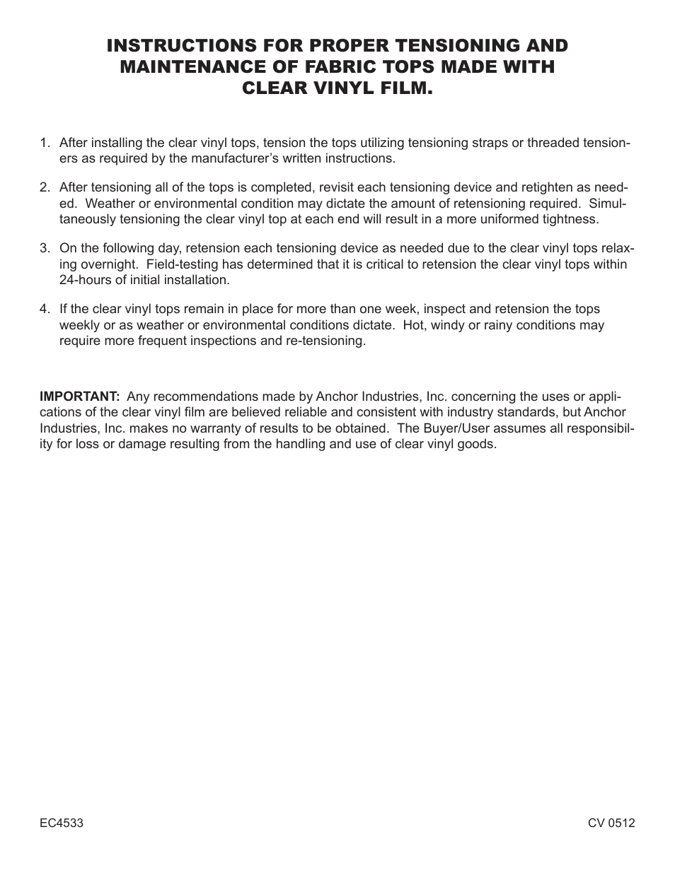 Anchor CLEAR VINYL DISCLAIMER AND INSTRUCTIONS FOR USE. User Manual | Page 2 / 2
