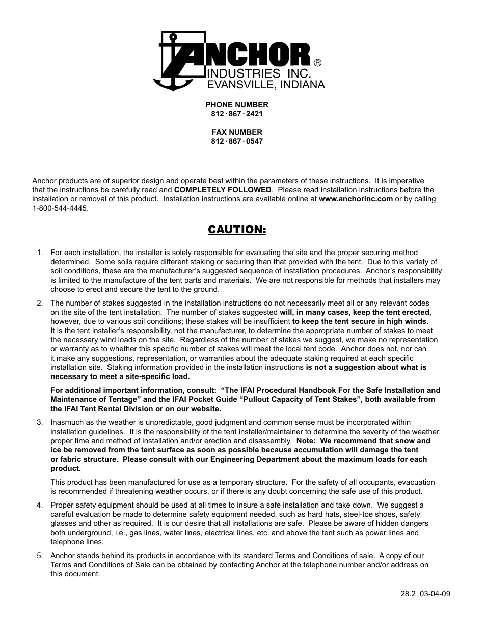 Caution, Evansville, indiana | Anchor EVENT AND VENUE LINER User Manual | Page 8 / 8