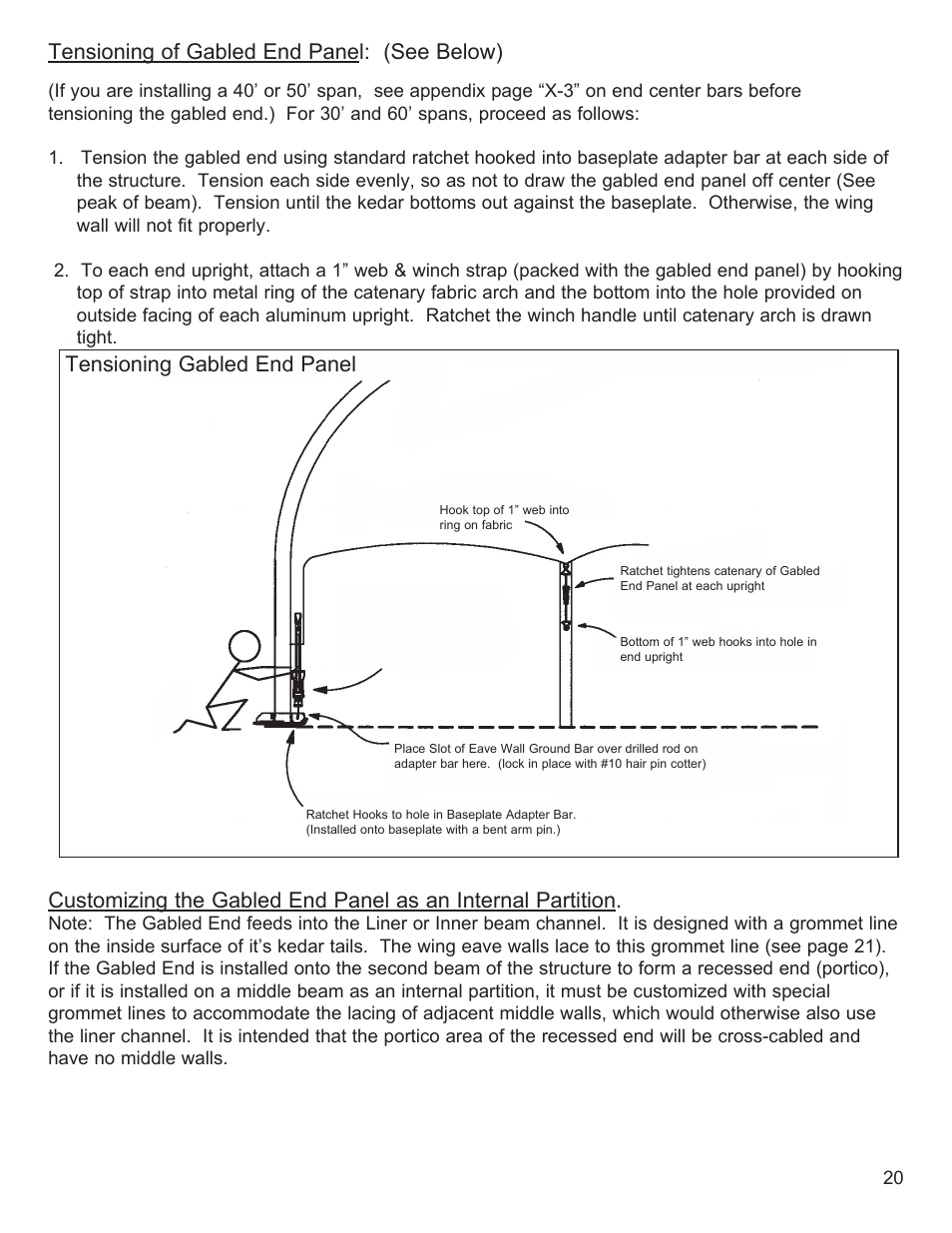 Tensioning of gabled end panel: (see below), Tensioning gabled end panel | Anchor ANCHORSPAN AA 30FT-60FT User Manual | Page 23 / 38