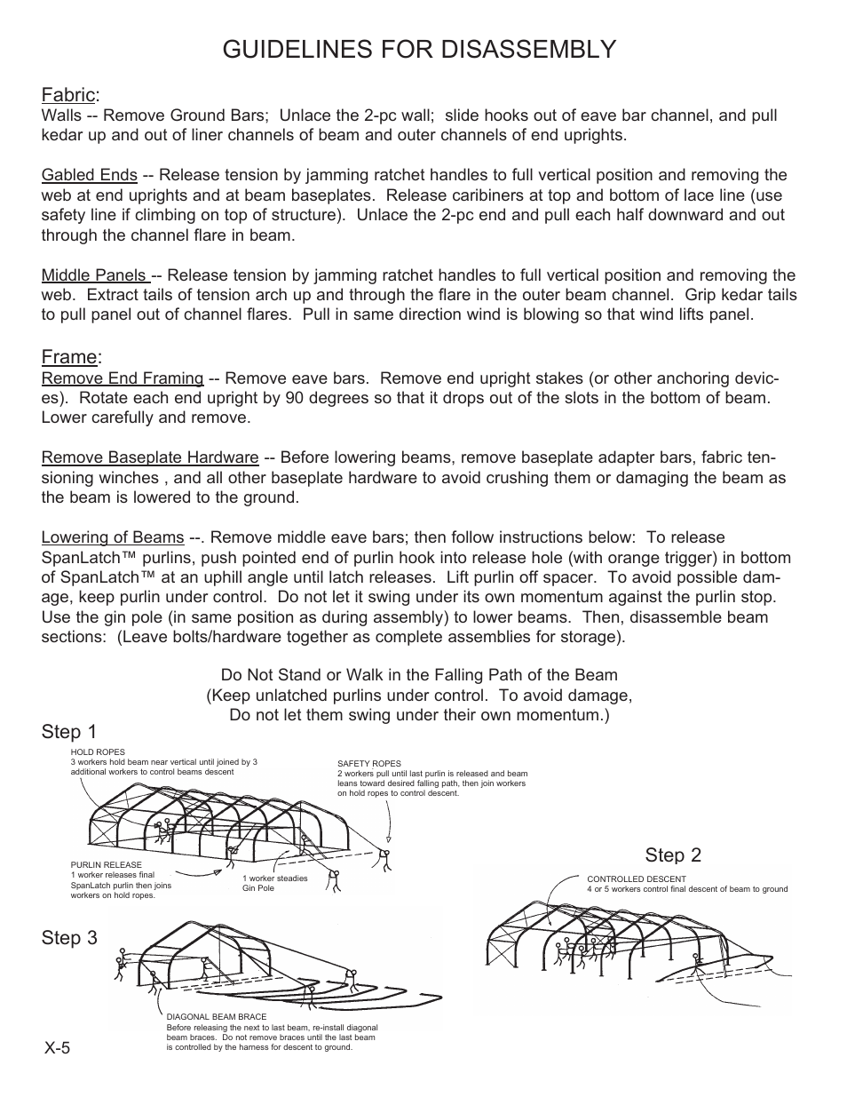 Guidelines for disassembly, Fabric, Frame | Step 1, Step 2, Step 3 | Anchor ANCHORSPAN AA 30FT-60FT User Manual | Page 30 / 38