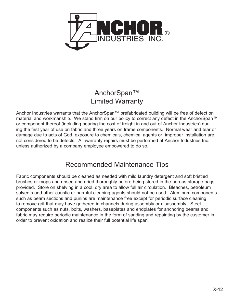 Anchorspan™ limited warranty, Recommended maintenance tips | Anchor ANCHORSPAN AA 30FT-60FT User Manual | Page 37 / 38