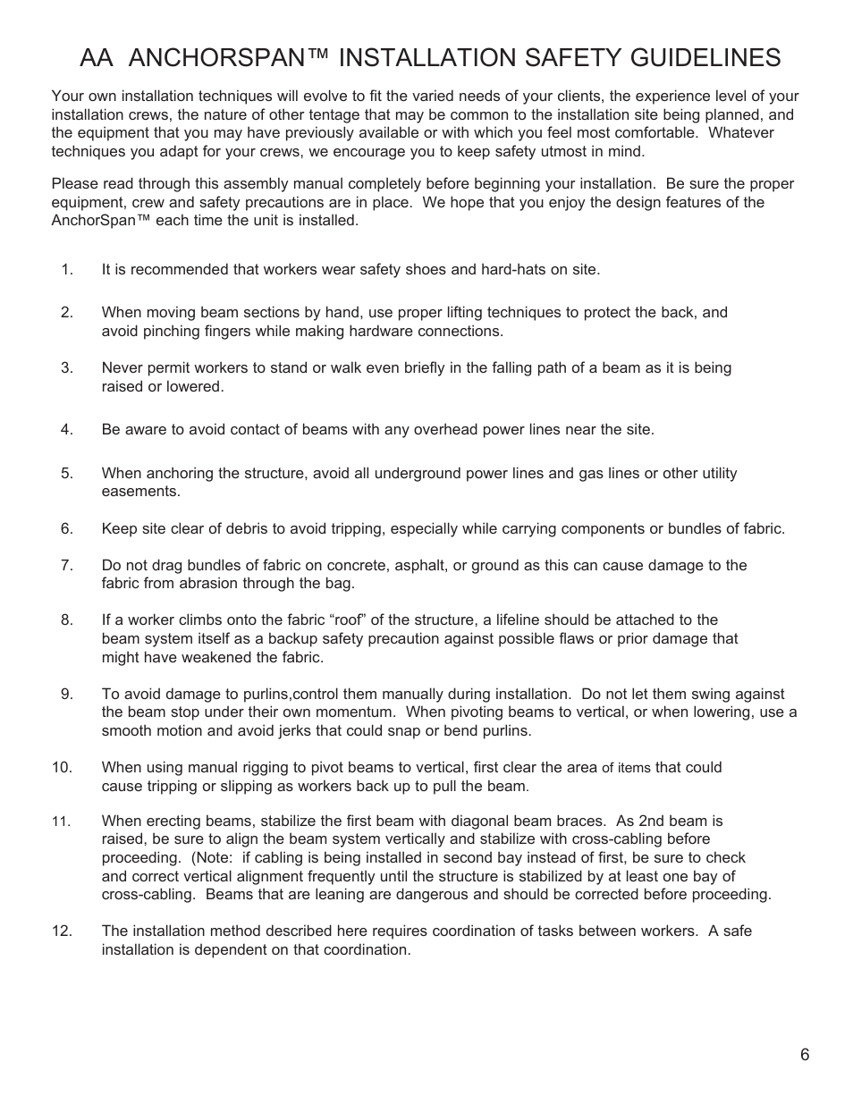 Aa anchorspan™ installation safety guidelines | Anchor ANCHORSPAN AA 30FT-60FT User Manual | Page 9 / 38
