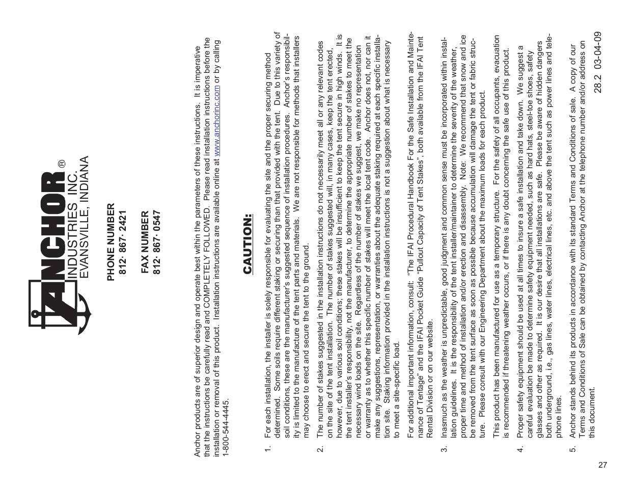 Ev ansville, indiana, Caution | Anchor PZ (PARTY) SERIES - PROFILE SIZE: 94MM X 48MM User Manual | Page 27 / 27