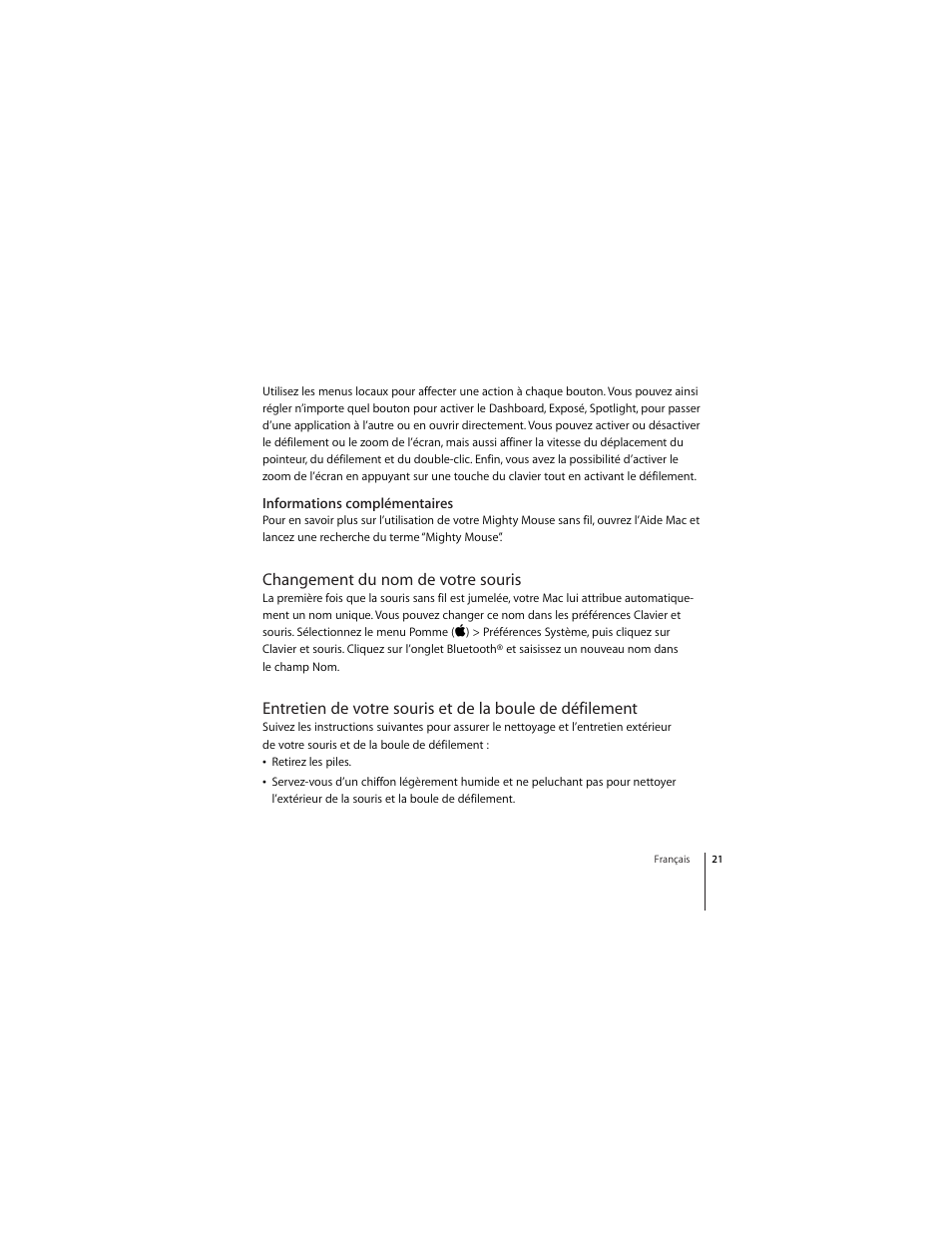 Informations complémentaires, Changement du nom de votre souris | Apple Wireless Mighty Mouse User Manual | Page 21 / 36