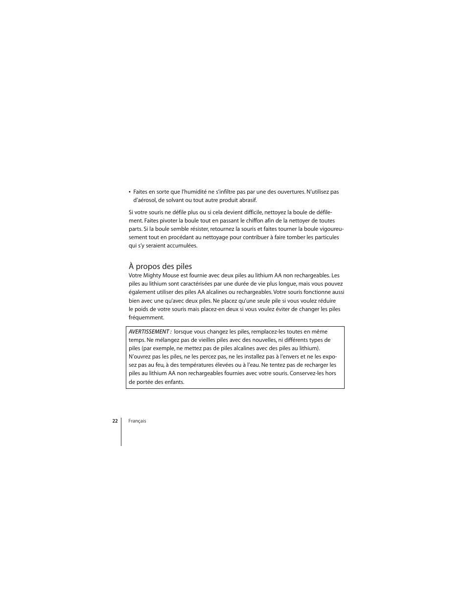 À propos des piles | Apple Wireless Mighty Mouse User Manual | Page 22 / 36