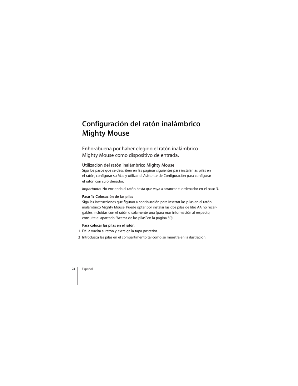 Configuración del ratón inalámbrico mightymouse, Utilización del ratón inalámbrico mighty mouse, Configuración del ratón inalámbrico mighty mouse | Apple Wireless Mighty Mouse User Manual | Page 24 / 36