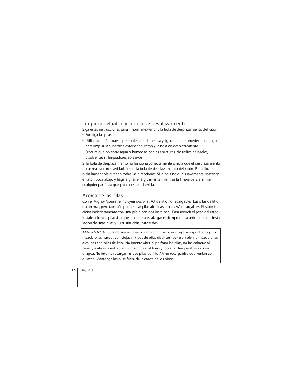 Limpieza del ratón y la bola de desplazamiento, Acerca de las pilas | Apple Wireless Mighty Mouse User Manual | Page 30 / 36