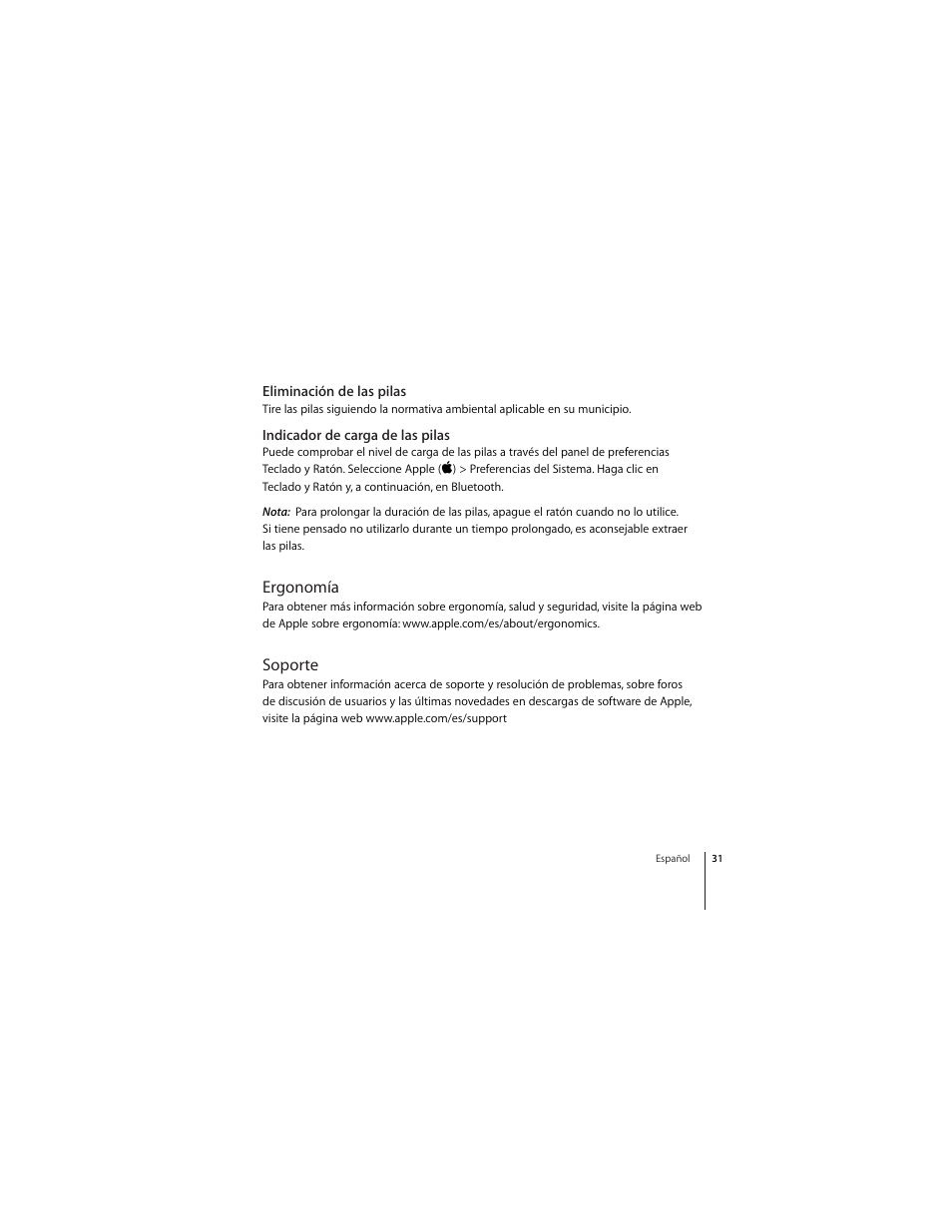 Eliminación de las pilas, Indicador de carga de las pilas, Ergonomía | Soporte | Apple Wireless Mighty Mouse User Manual | Page 31 / 36
