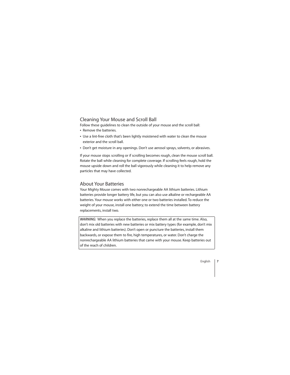 Cleaning your mouse and scroll ball, About your batteries | Apple Wireless Mighty Mouse User Manual | Page 7 / 36