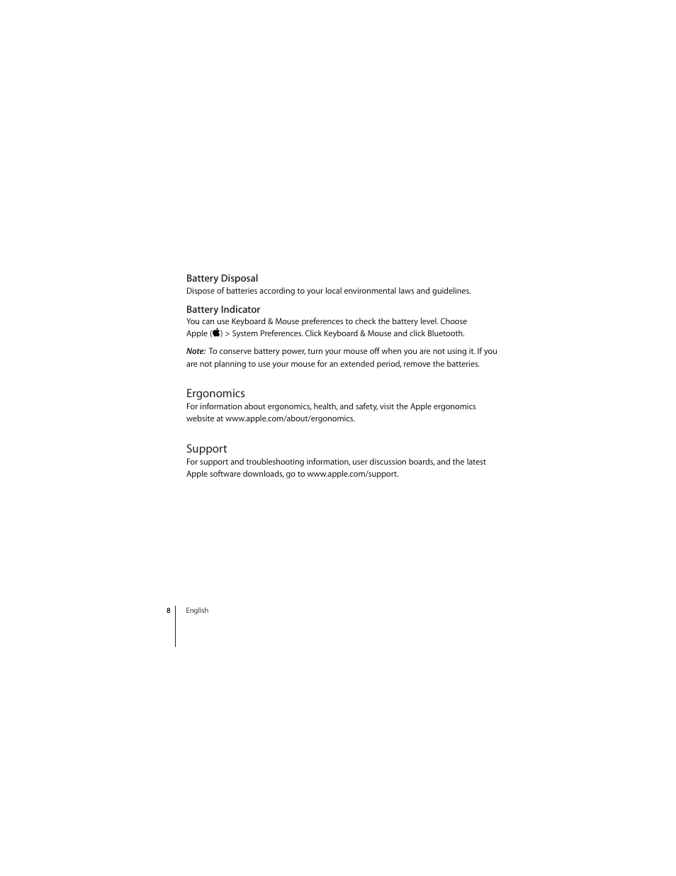 Battery disposal, Battery indicator, Ergonomics | Support | Apple Wireless Mighty Mouse User Manual | Page 8 / 36