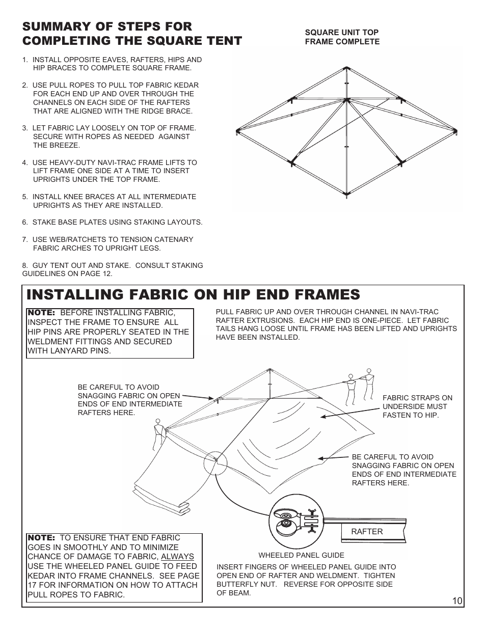 Installing fabric on hip end frames, Summary of steps for completing the square tent | Anchor NAVI-TRAC 30 WIDE HIP-END User Manual | Page 10 / 21