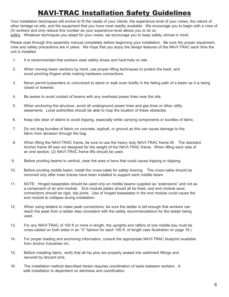Navi-trac installation safety guidelines | Anchor NAVI-TRAC 30 WIDE HIP-END User Manual | Page 6 / 21