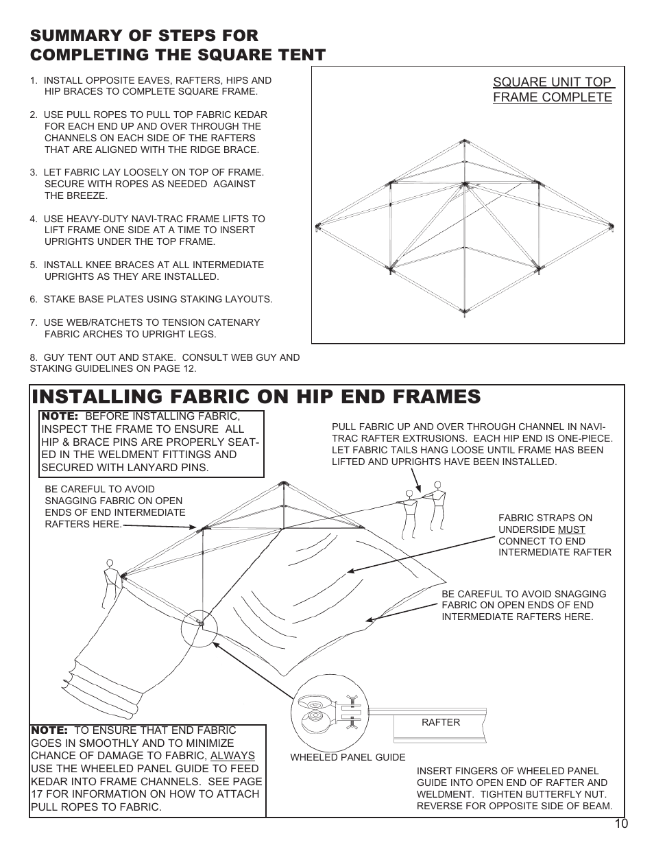Installing fabric on hip end frames, Summary of steps for completing the square tent | Anchor NAVI-TRAC 40 WIDE HIP-END User Manual | Page 10 / 21