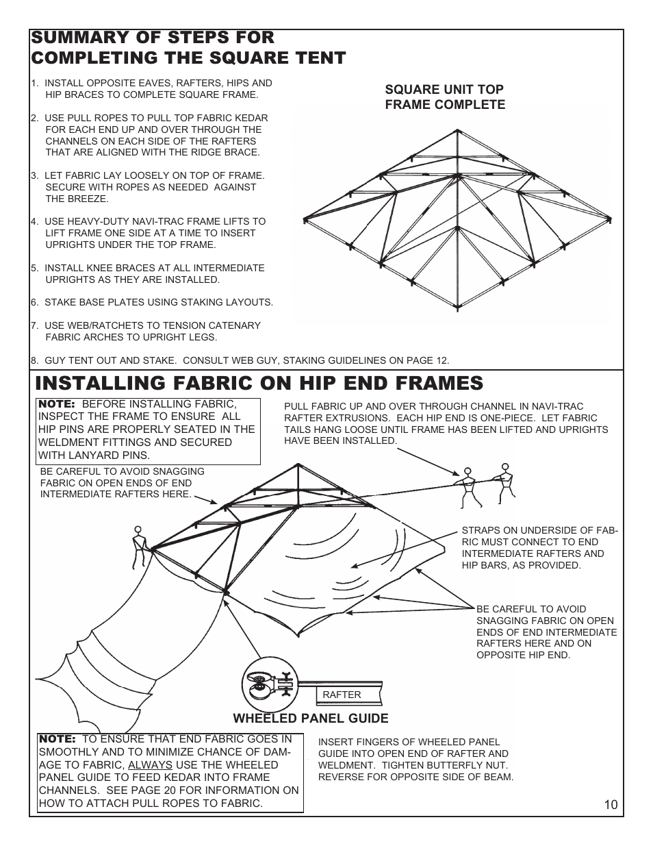 Installing fabric on hip end frames, Summary of steps for completing the square tent | Anchor NAVI-TRAC 50 WIDE HIP-END User Manual | Page 10 / 21