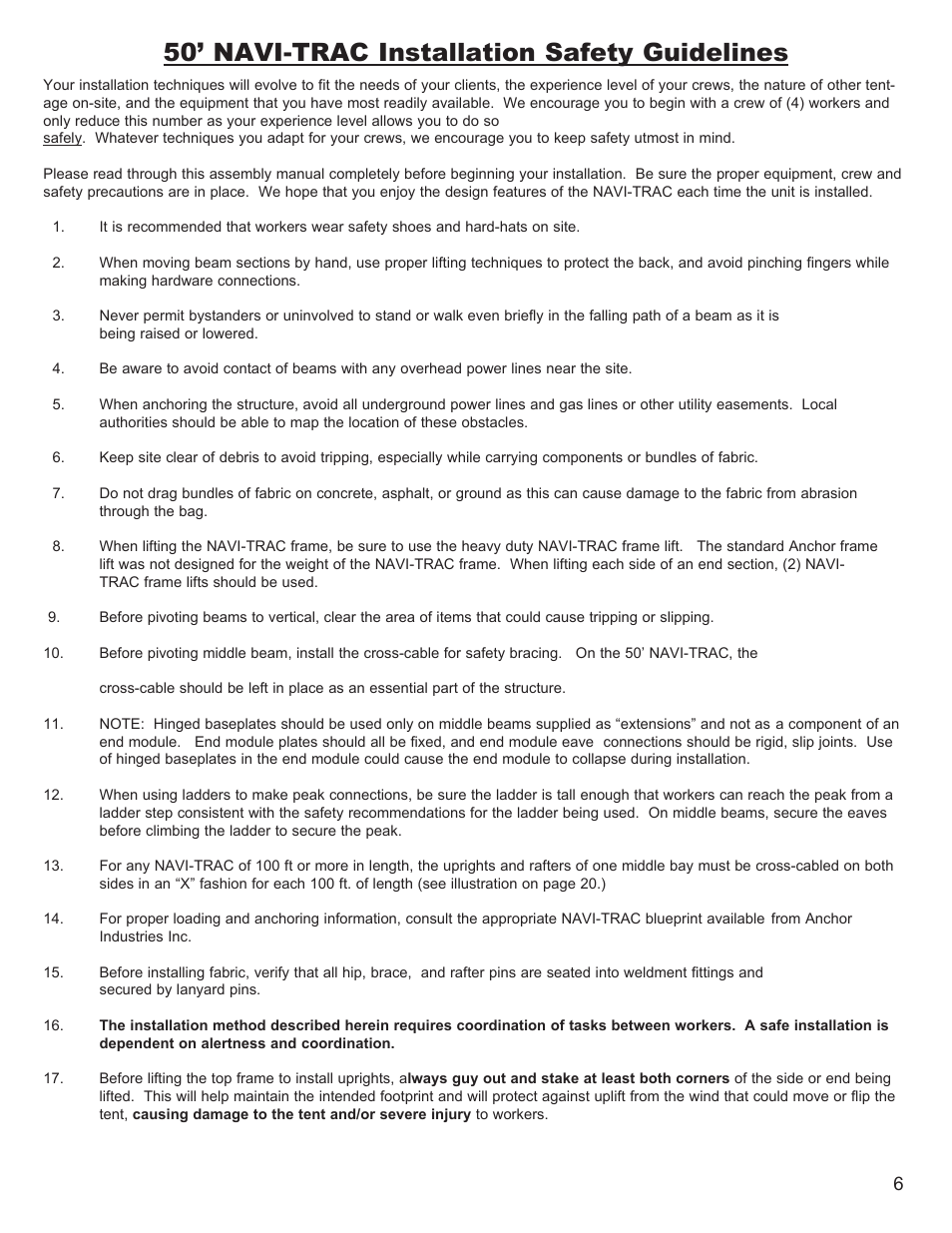 50’ navi-trac installation safety guidelines | Anchor NAVI-TRAC 50 WIDE HIP-END User Manual | Page 6 / 21