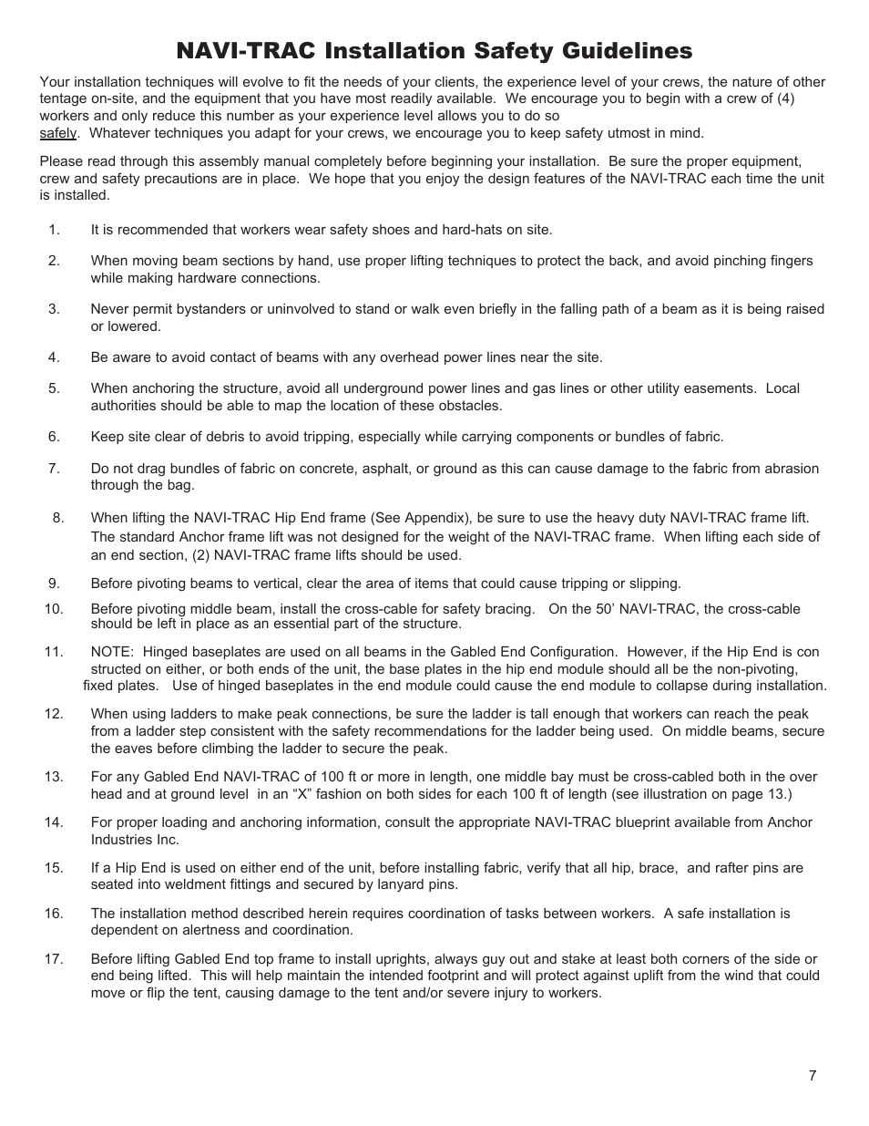 Navi-trac installation safety guidelines | Anchor NAVI-TRAC 30 WIDE GABLE-END User Manual | Page 7 / 21