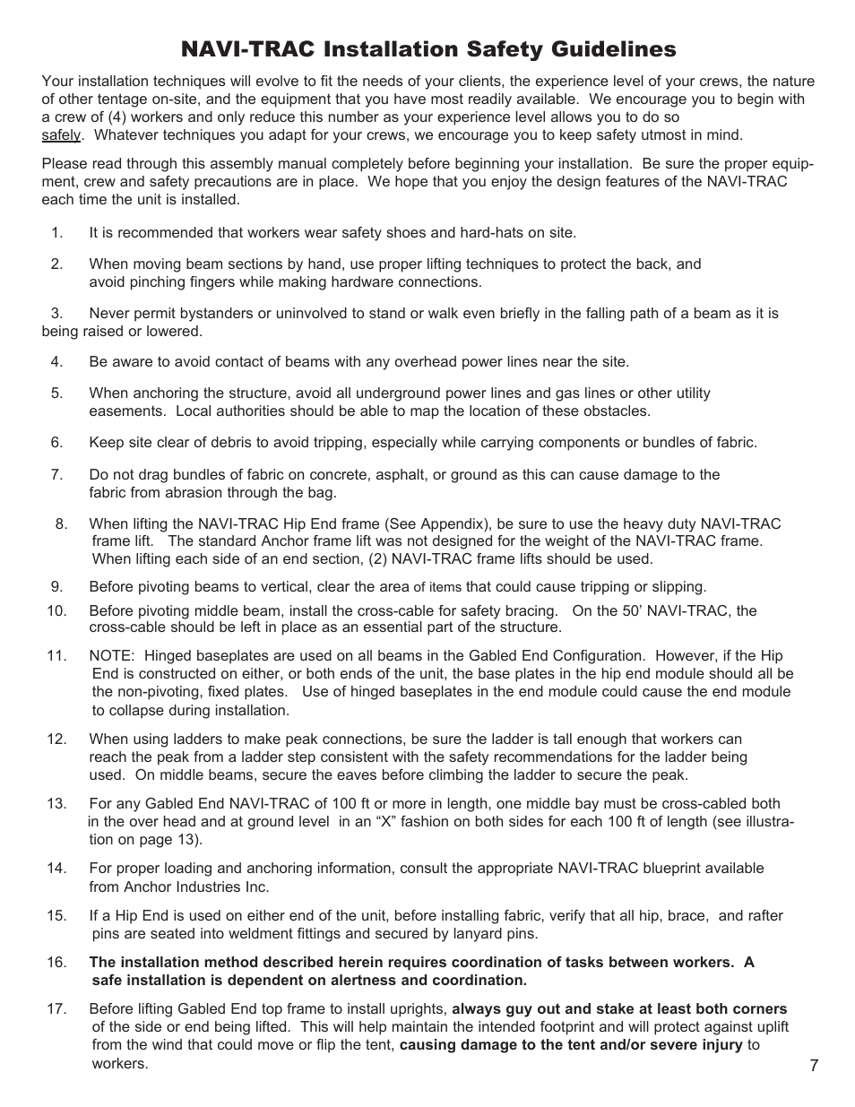 Navi-trac installation safety guidelines | Anchor NAVI-TRAC 50 WIDE GABLE-END User Manual | Page 7 / 21