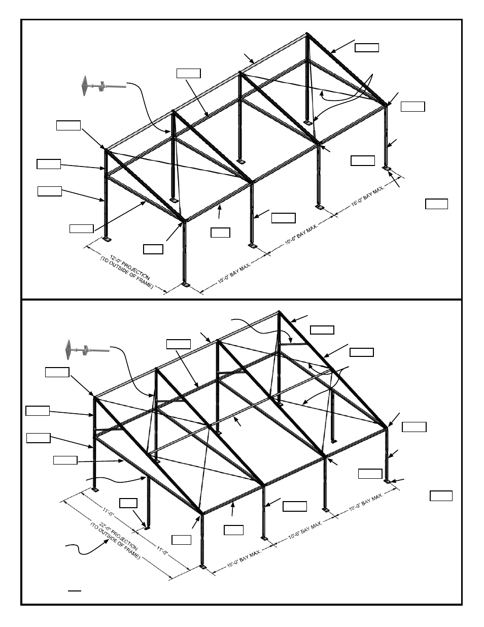Assembled frame illustrations 22’ projection shown, 12’ projection shown | Anchor NAVI-TRAC LITE PAVILLION - 12 TO 24 User Manual | Page 5 / 16