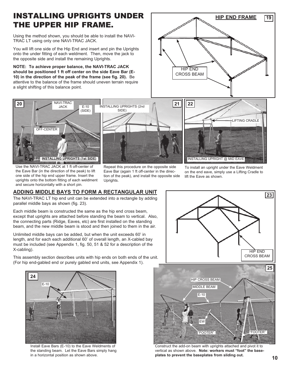 Installing uprights under the upper hip frame, Adding middle bays to form a rectangular unit, Hip end frame | Anchor NAVI-TRAC LITE 20 WIDE User Manual | Page 10 / 21