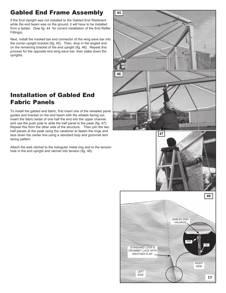 Gabled end frame assembly, Installation of gabled end fabric panels | Anchor NAVI-TRAC LITE 20 WIDE User Manual | Page 17 / 21
